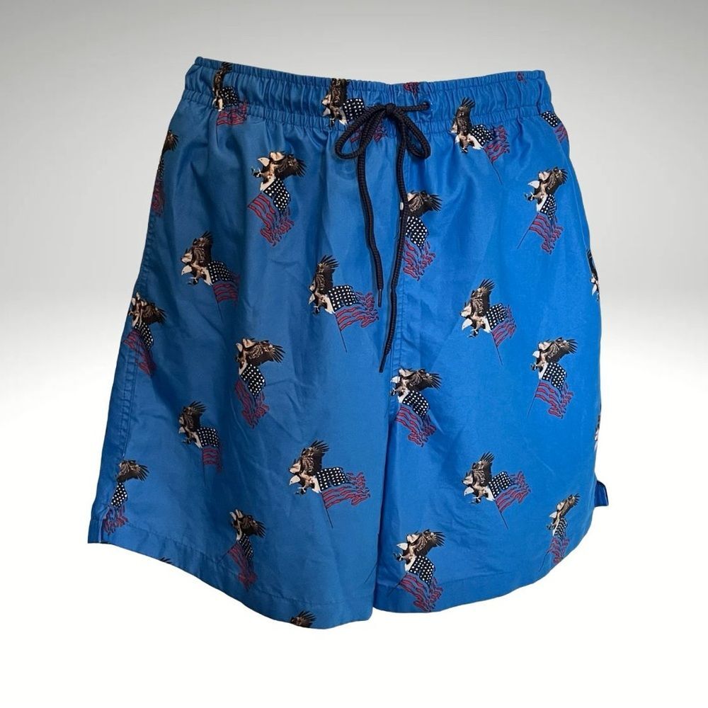 NEW! Wave Zone Blue Swim Shorts with Patriotic Eagle and Flag. NWOT. Men’s L